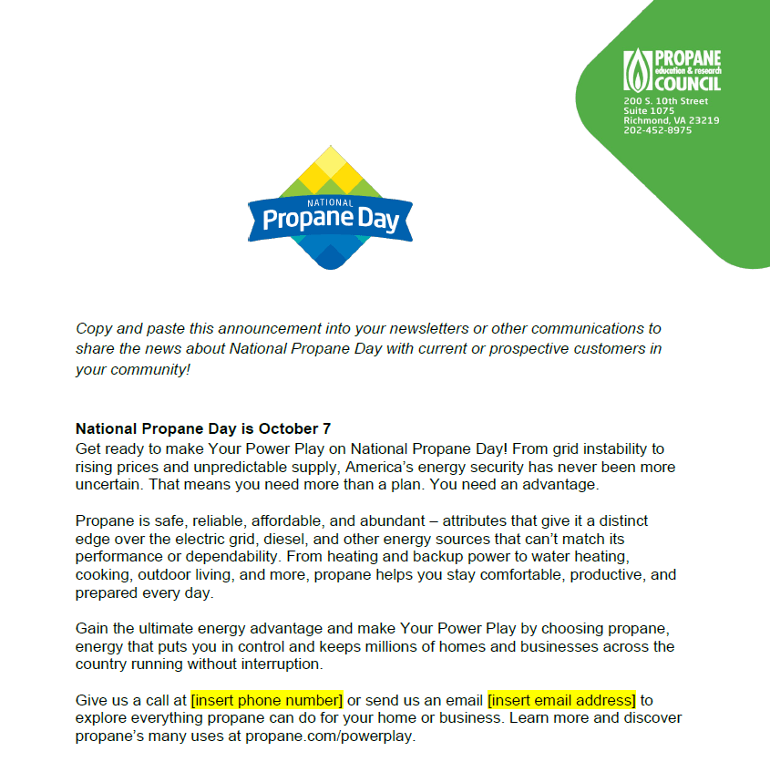 National Propane Day Newsletter Blurb